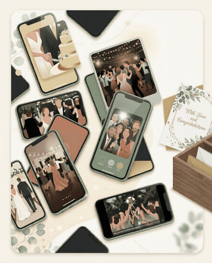 Illustration of wedding moments scattered across many phones, with greeting cards and a card box; memories fragmented across devices.
